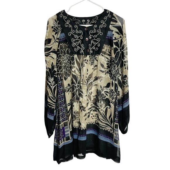 Anu Natural Tunic Top Dress Womens XL Black Beige Floral Sheer Embroidered - Picture 1 of 8